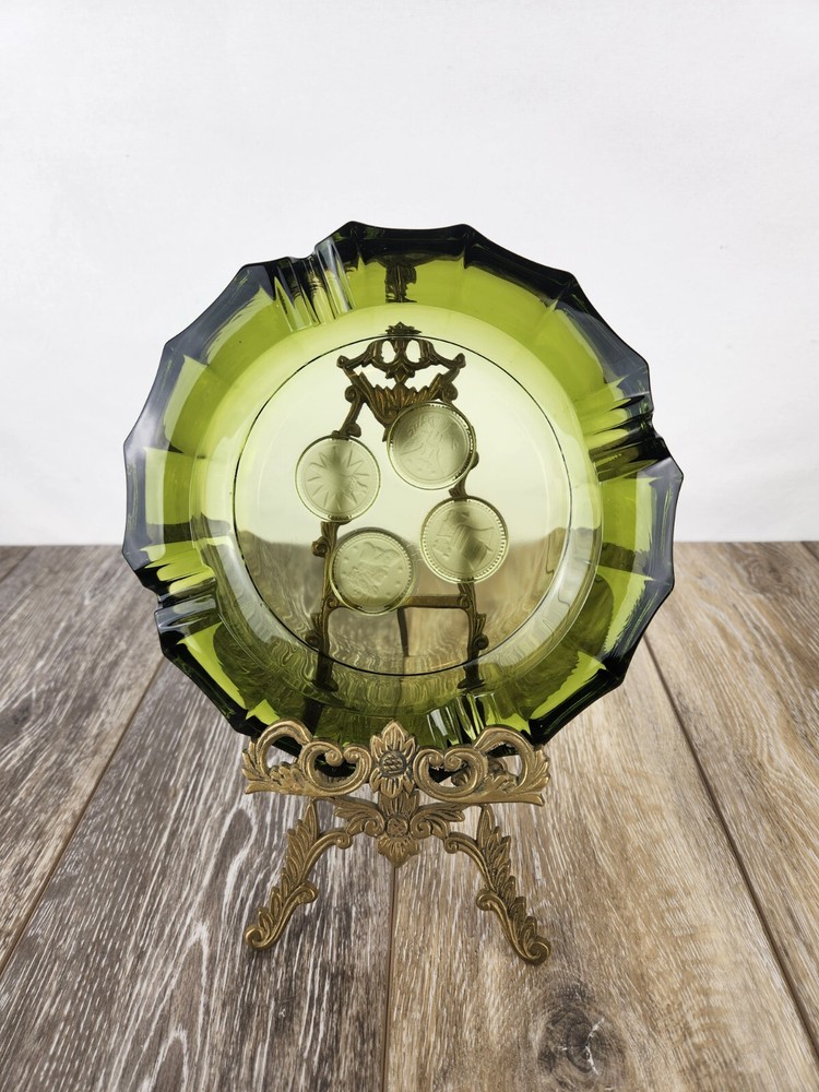 Avocado Green Fostoria Coin 1887 Heavy Glass Ashtray with Liberty Bell Eagle