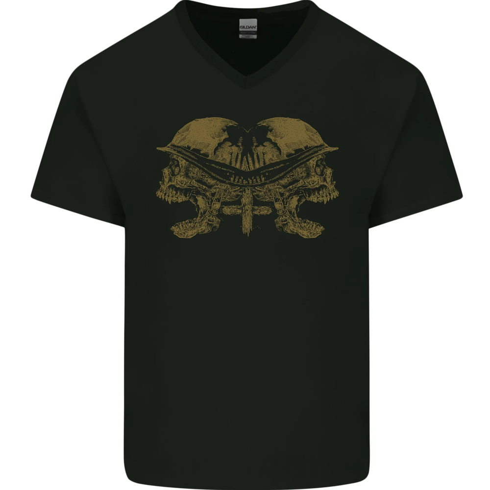 Two Army Skulls Gothic Biker Heavy Metal Rock Mens V-Neck Cotton T-Shirt