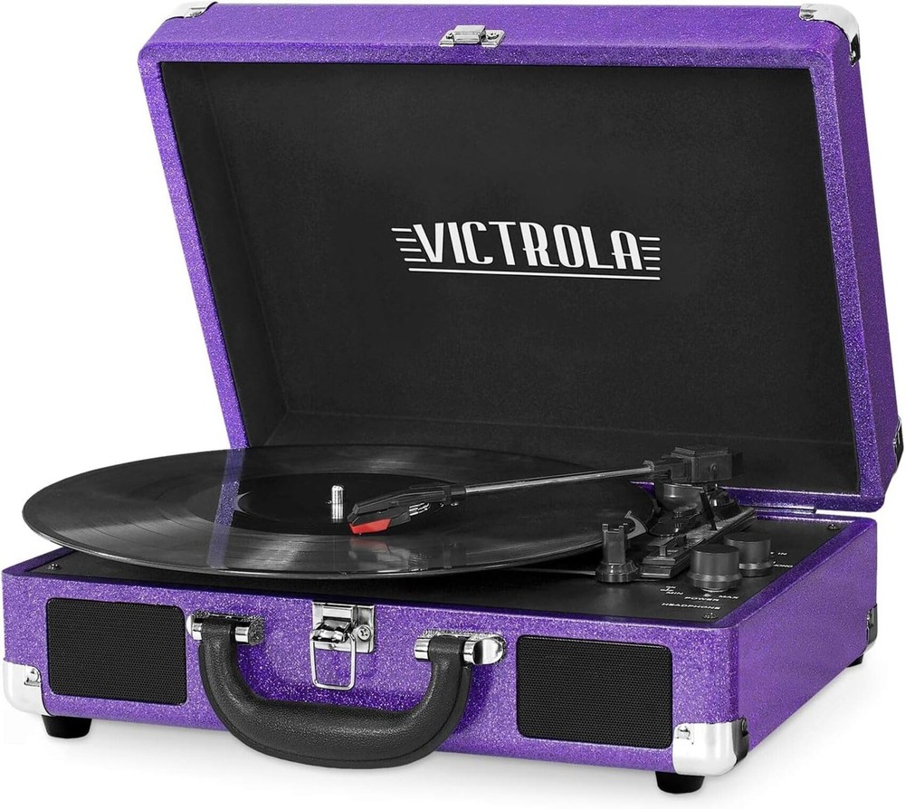 Vintage 3-Speed Bluetooth Portable Suitcase Record Player with Built-in Speak...