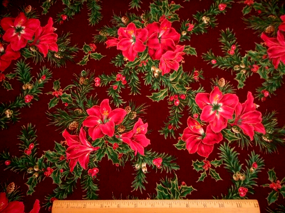 Christmas Fabric By Yard Dk Pink Floral Green Metallic Gold on Maroon Cotton #19