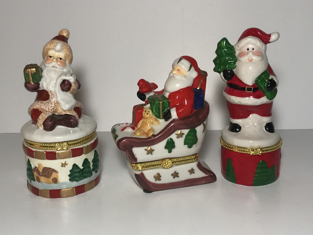 Vintage Santa Claus Porcelain Trinket Box Set of 3 Hinged