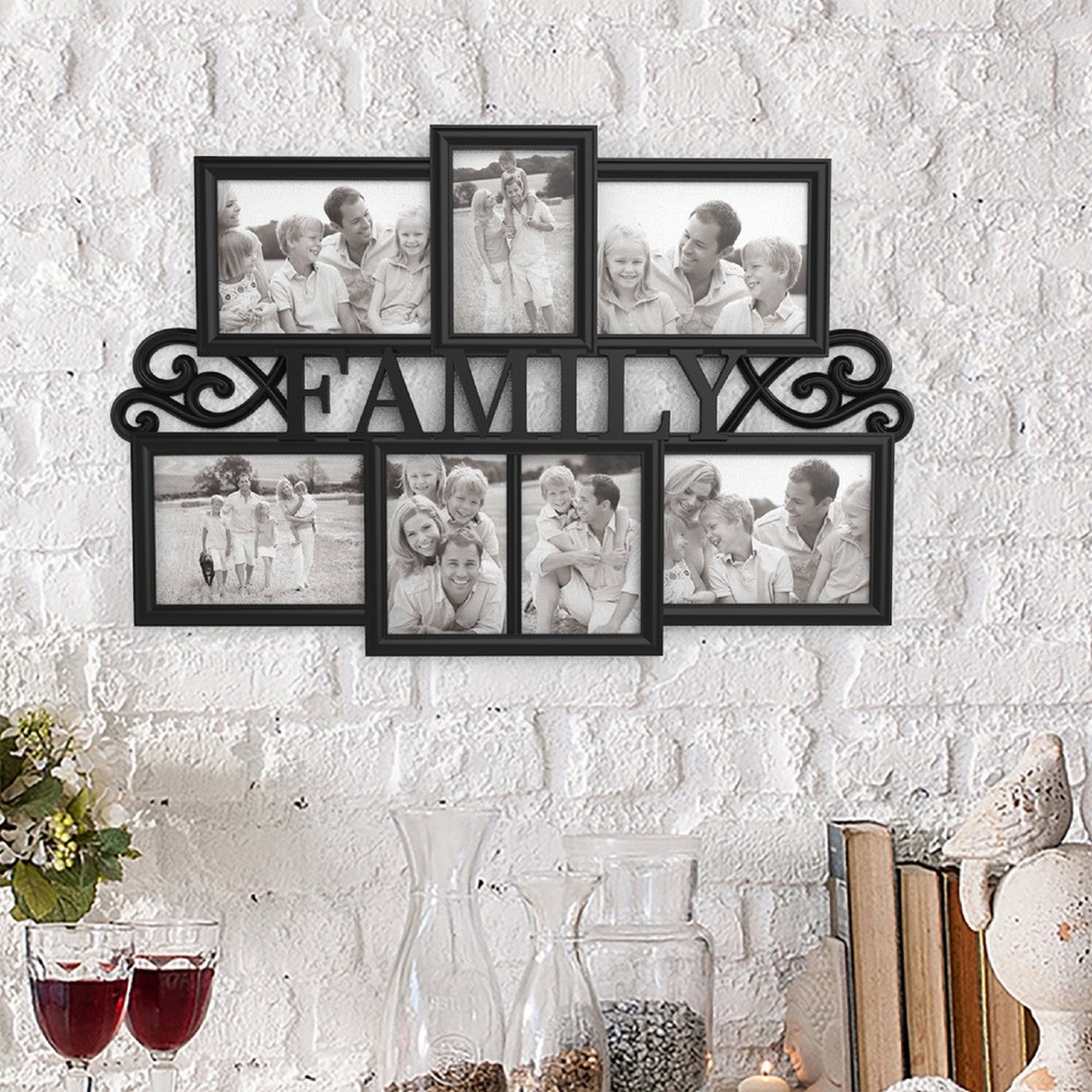 Family Collage Picture Frame - Wall Hanging with 7 Puzzle-Style Openings - Di...