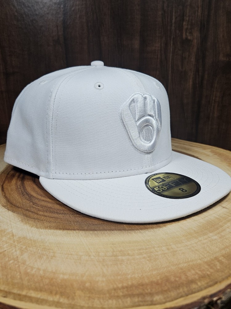 Milwaukee Brewers New Era 59Fifty Fitted Hat Cap Size 8 White Out MLB