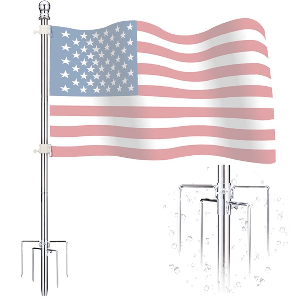 Flag Poles for Outside in Ground - 8ft Flag Pole for House Ground with 5 Pron...