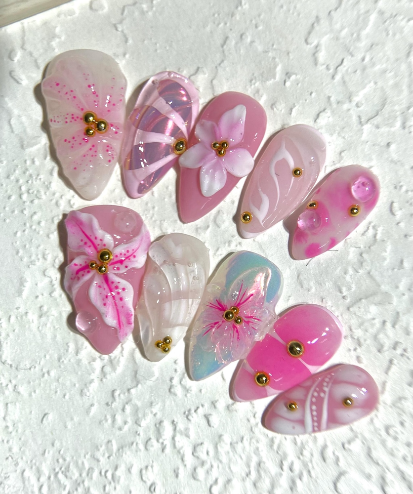 Pink Ombre 3D Press On Nails Set Handmade Orchid Blossom