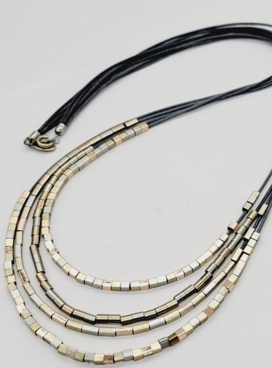 Ann Taylor LOFT Cord Tri Colored Bar Nugget Multi Strand Layer Necklace 33 in