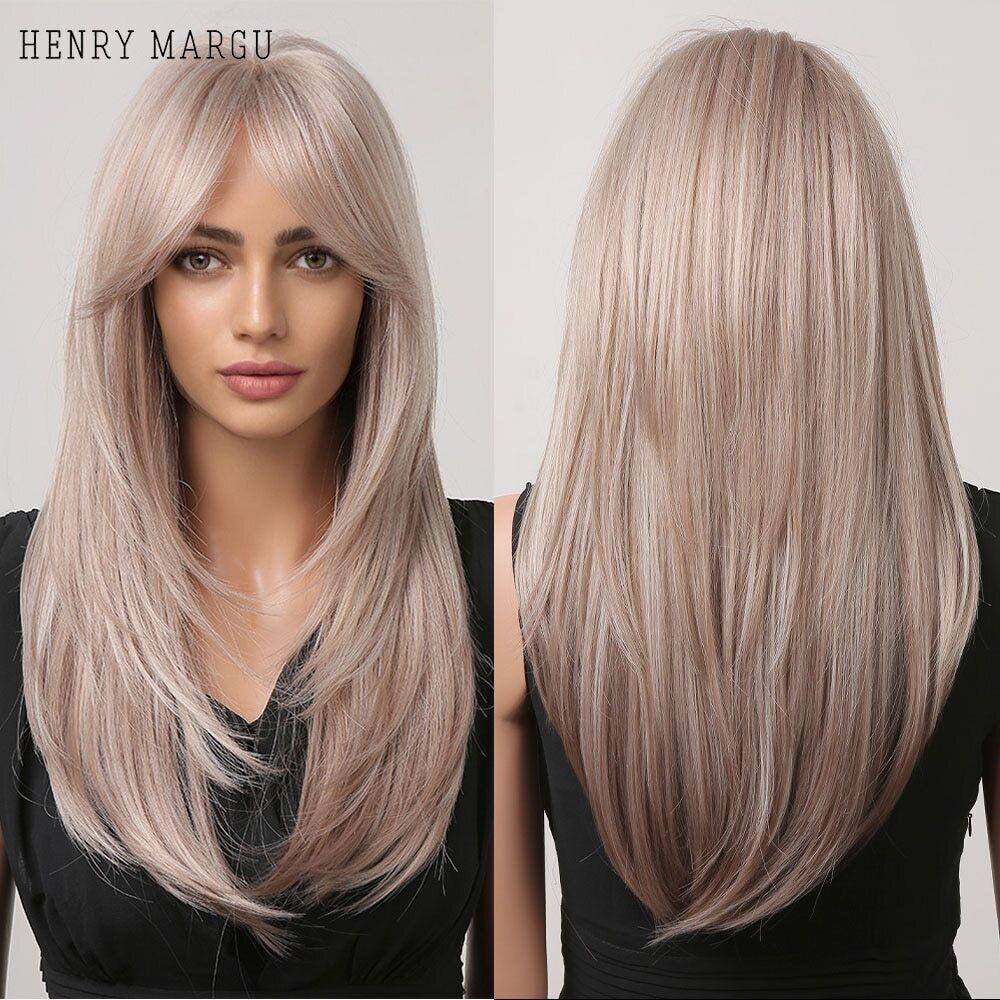 Blonde Straight Synthetic Wig with Layers and Bangs Heat Resistant for Women  