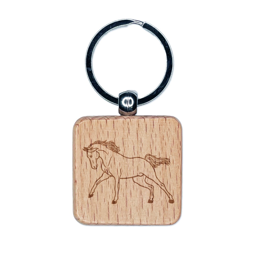 Arabian Horse Design Engraved Wooden Square Keychain Charm