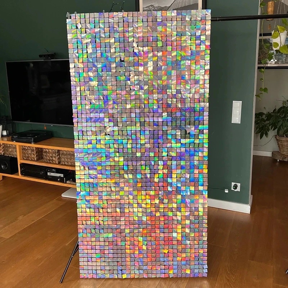 Iridescent Silver Shimmer Wall Backdrop – 18 Panels, 35.43 x 70.87 in