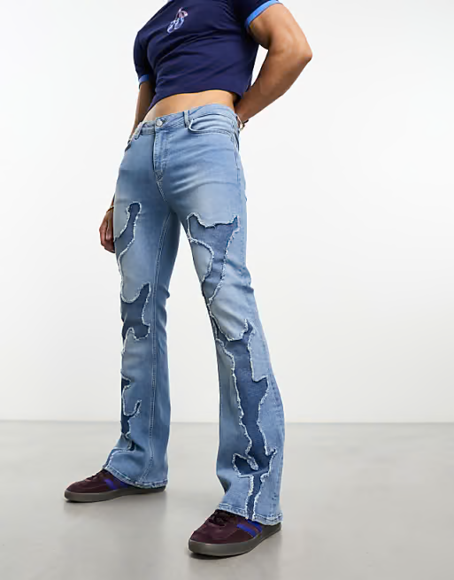 ASOS DESIGN Mid Blue Flare Jeans with Raw Edges Size W31 L32