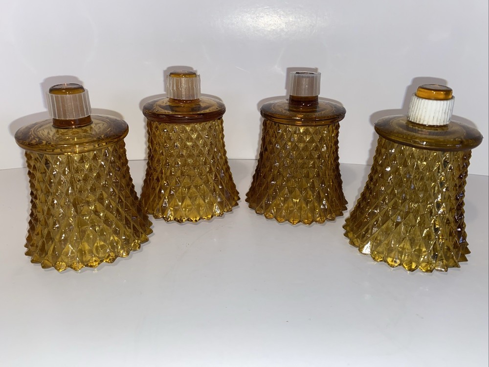 4 Vintage Mid-Century Amber Glass Diamond Votive Candle Holders with Grommets
