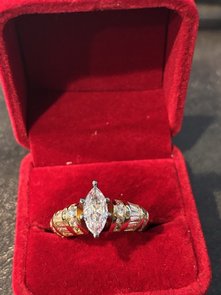 Yellow Gold Ring Marquise Diamond White Stone Size 9 14k Prong Setting
