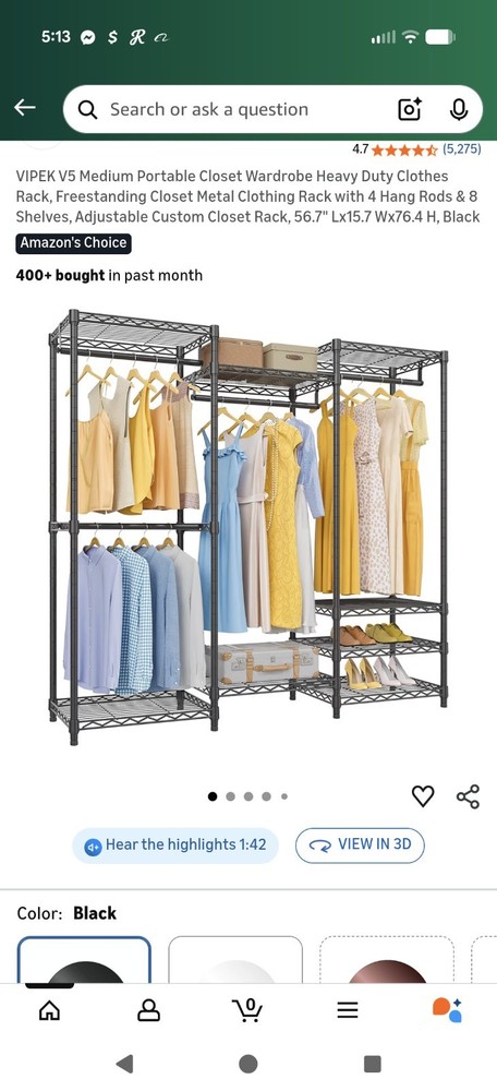 Open Box VIPEK Large Portable Closet Rack  for Hanging Clothes Black