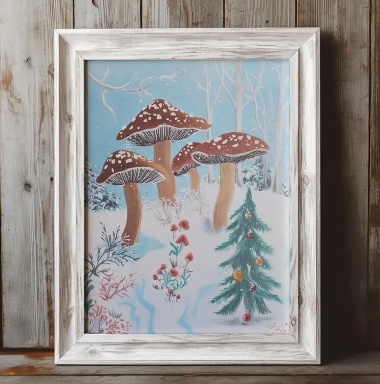Vintage Winter Wonderland Mushroom Printable Holiday Wall Art Digital Download