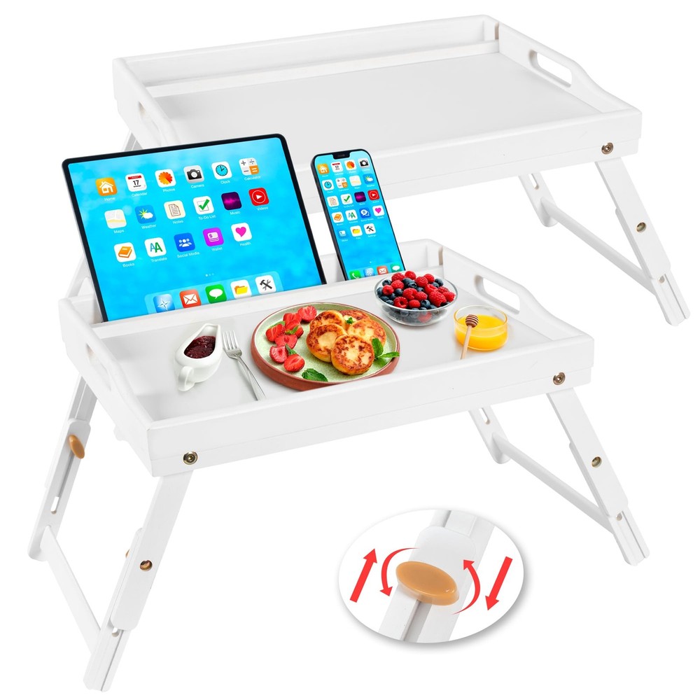 2 Pack Bamboo Bed Tray Table with Folding Legs and Handles - Portable Breakfast Food Tray  