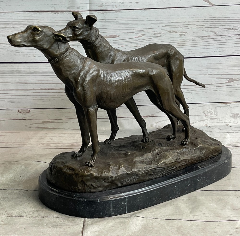 15-inch Brown Bronze Greyhound Dog Statue Pair Signed Gift  