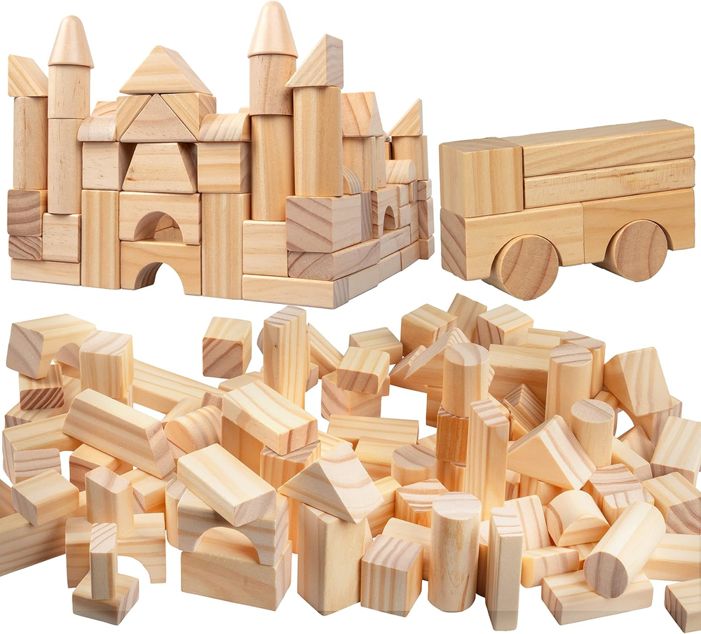 Wooden Blocks Set - 100 Pc Natural Colored Wood Building Block Toys- 100% Real W