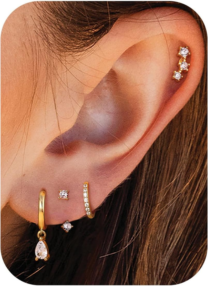 14K Gold Plated Dainty Hoop and Stud Earrings Set for Women