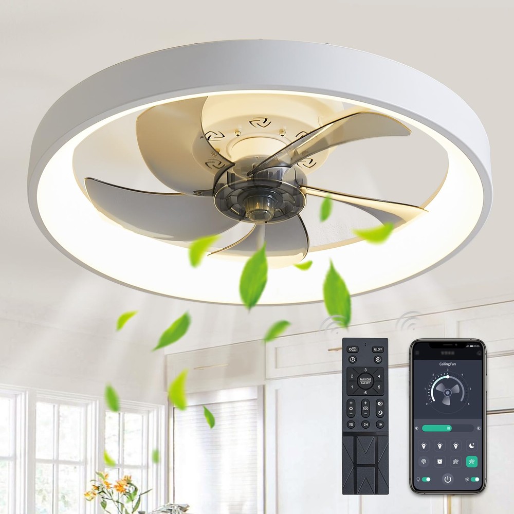 Low Profile Flush Mount Ceiling Fan with Light and Remote 19.7 Inch