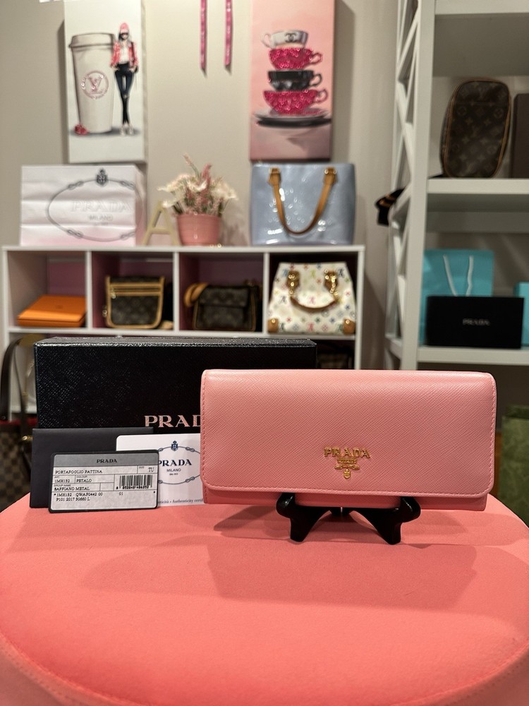 Prada Pink Continental Long Wallet with Multiple Card Slots and Zip Pocket