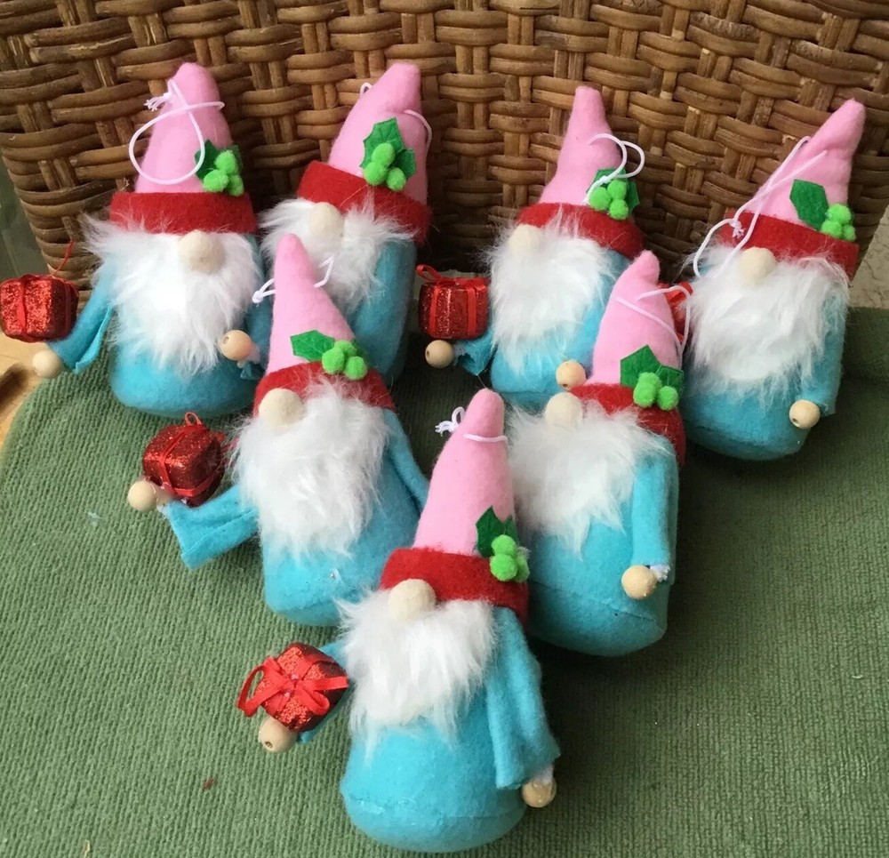 Lot of 7 Home Made Faceless GNOMES Plush Doll Christmas Tabletop Decorations