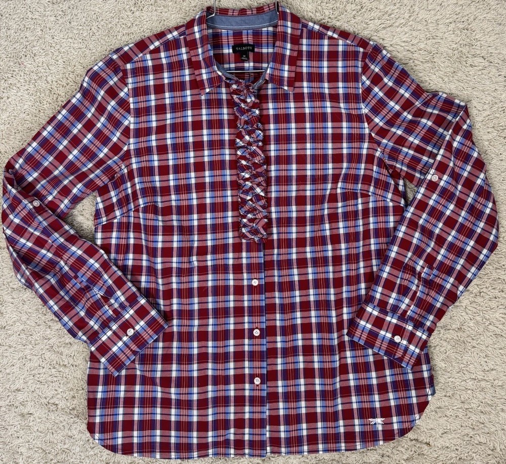 Talbots Red White And Blue Plaid Button Up Ruffle Blouse Long Sleeve Shirt Sz 14