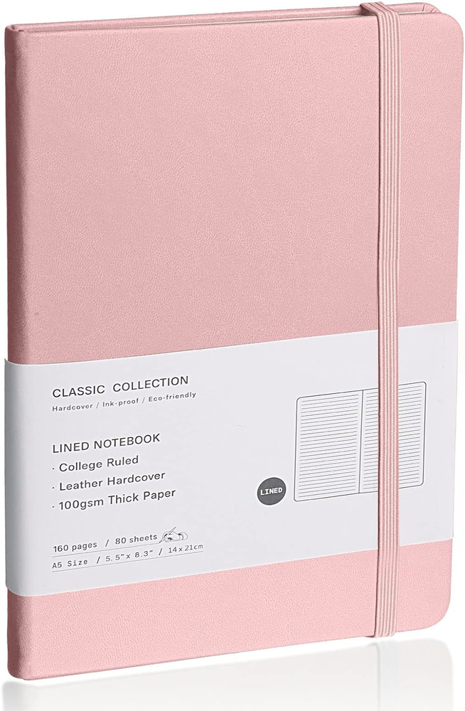 Lined Journal Notebook, Pink, 160 Pages, Medium 5.7 x 8 inches, Hardcover
