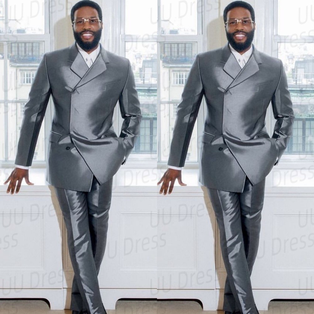 Silk Satin Men's Suits Double-breasted Party Prom Tuxedos Blazer Pant Wedding