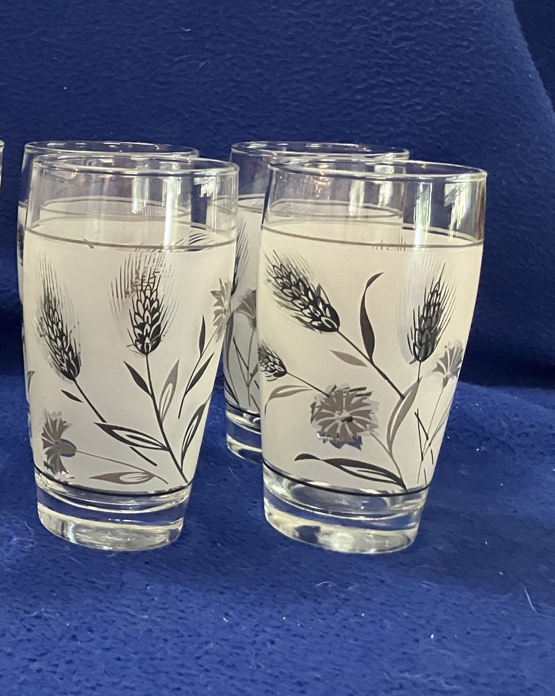 4 Vintage Libby Glass Frosted Silver Wheat 5