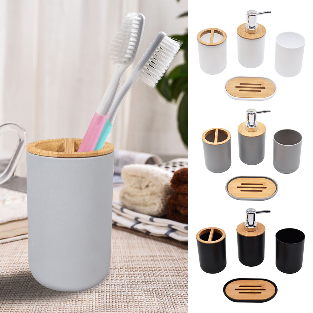 4PC Bathroom Accessories Set Toothbrush Bin Soap Dispenser Tumbler Bathroom Set