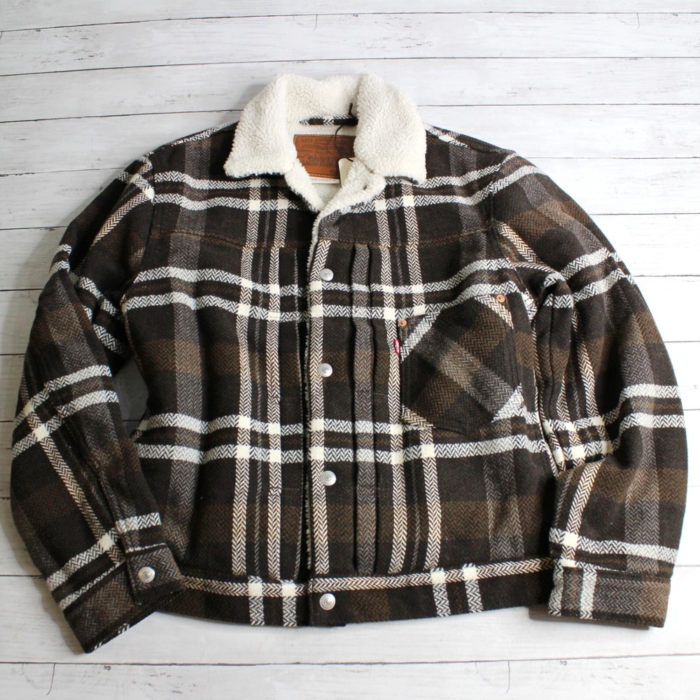 Levi Strauss Men's Plaid Trucker Jacket Size L Wool Blend Sherpa Lined Winter