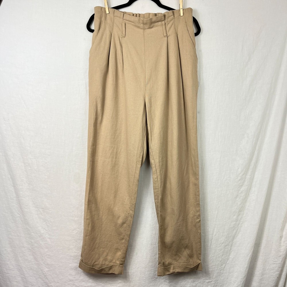 High Waist Linen Blend Pleated Paperbag Pull On Pants Women L Lagenlook Khaki