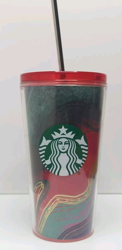 Starbucks Winter Holiday Multi Color 16oz Cold Cup Tumbler SS Straw