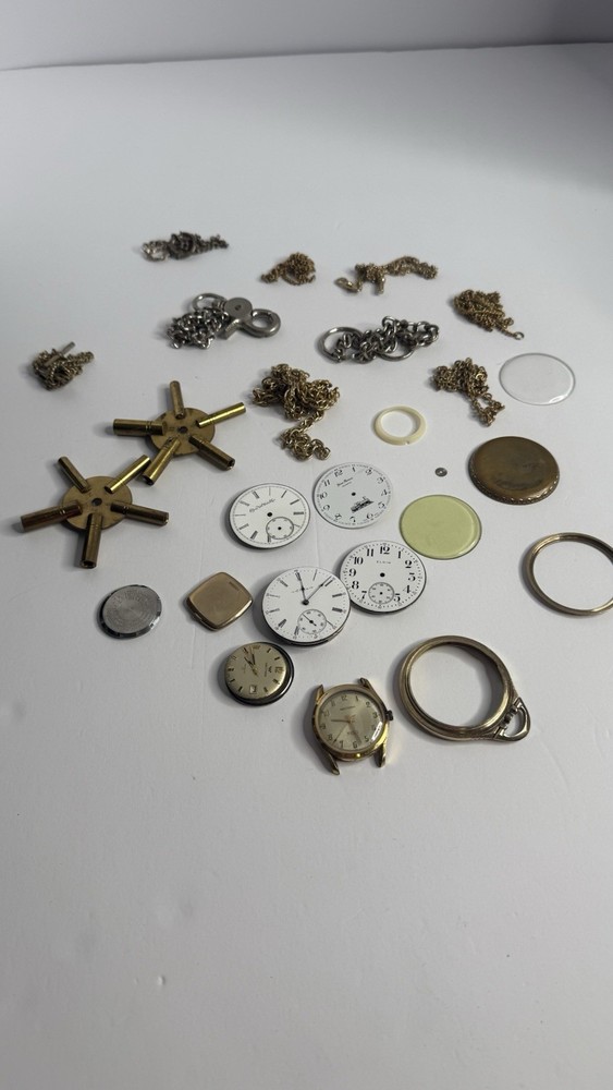 Lot Vintage Watch Parts Waltham Elgin Movements Dials Cases Chains Repair