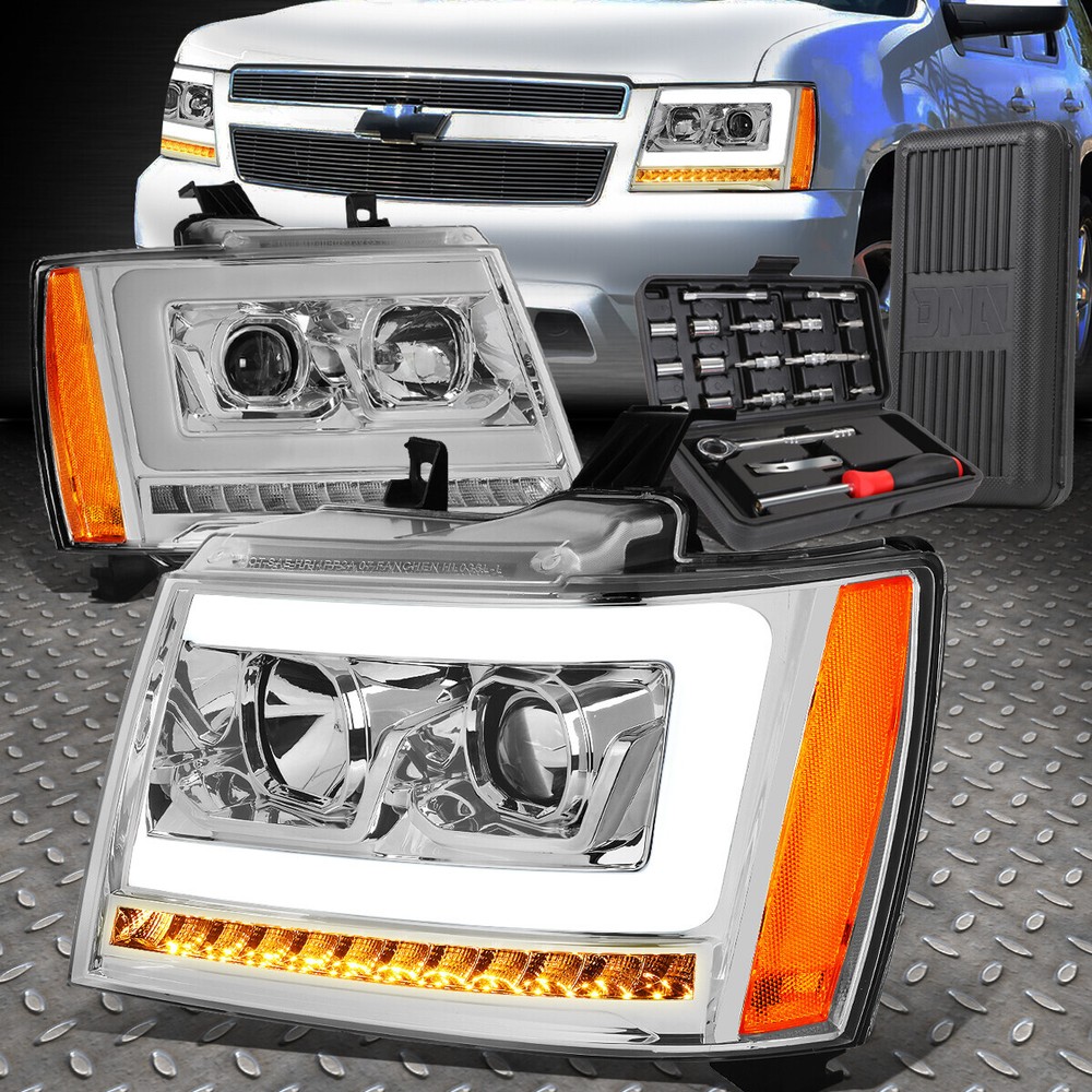 FOR 07-14 TAHOE SUBURBAN LED CHASING CHROME AMBER PROJECTOR HEADLIGHT+TOOL SET