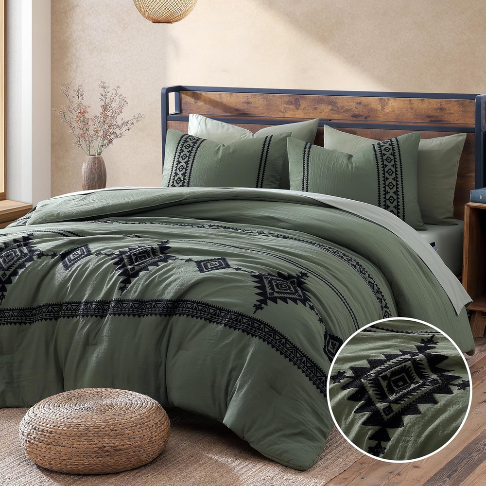 Embroidery Comforter Set, Boho Farmhouse Western Bedding Set, All Season Bed in