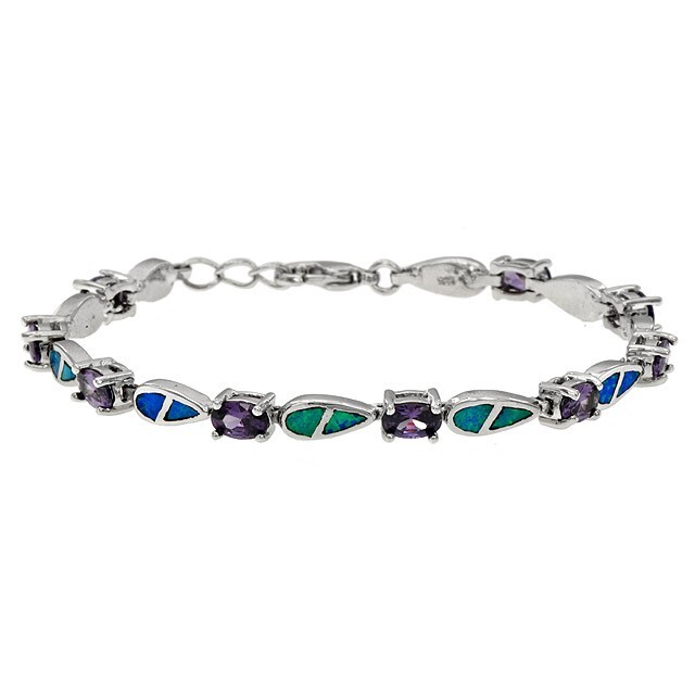 Amethyst & Australian Opal Inlay 925 Sterling Silver Tennis Bracelet OX7