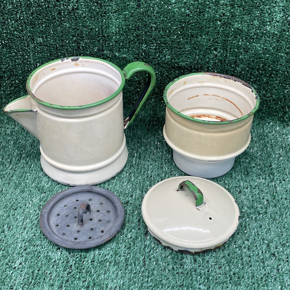 VTG Enamelware Coffee Pot Percolator Cream With Green Trim