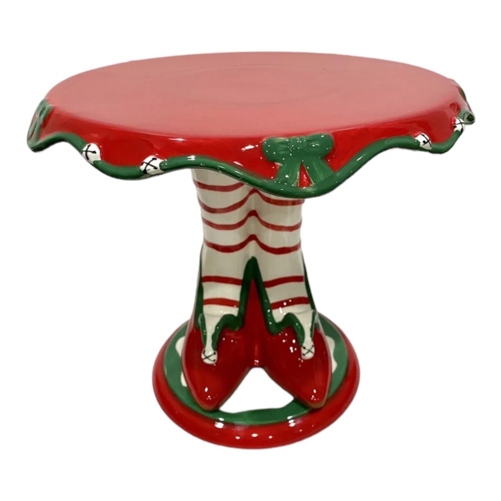 Magenta Christmas Lady Elf Legs/Ruby Red Slippers Ceramic Cake Stand 9.5” T