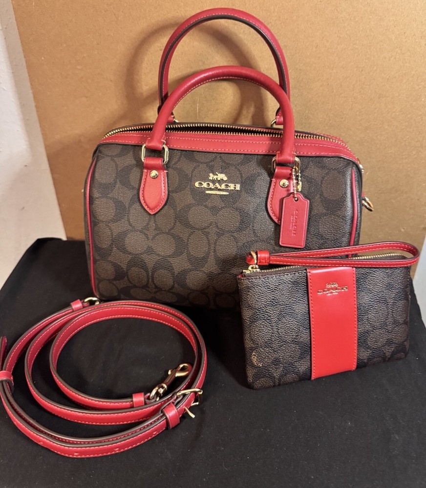 Coach Rowan Satchel in Walnut Red Gold with Wristlet New Canvas Tote