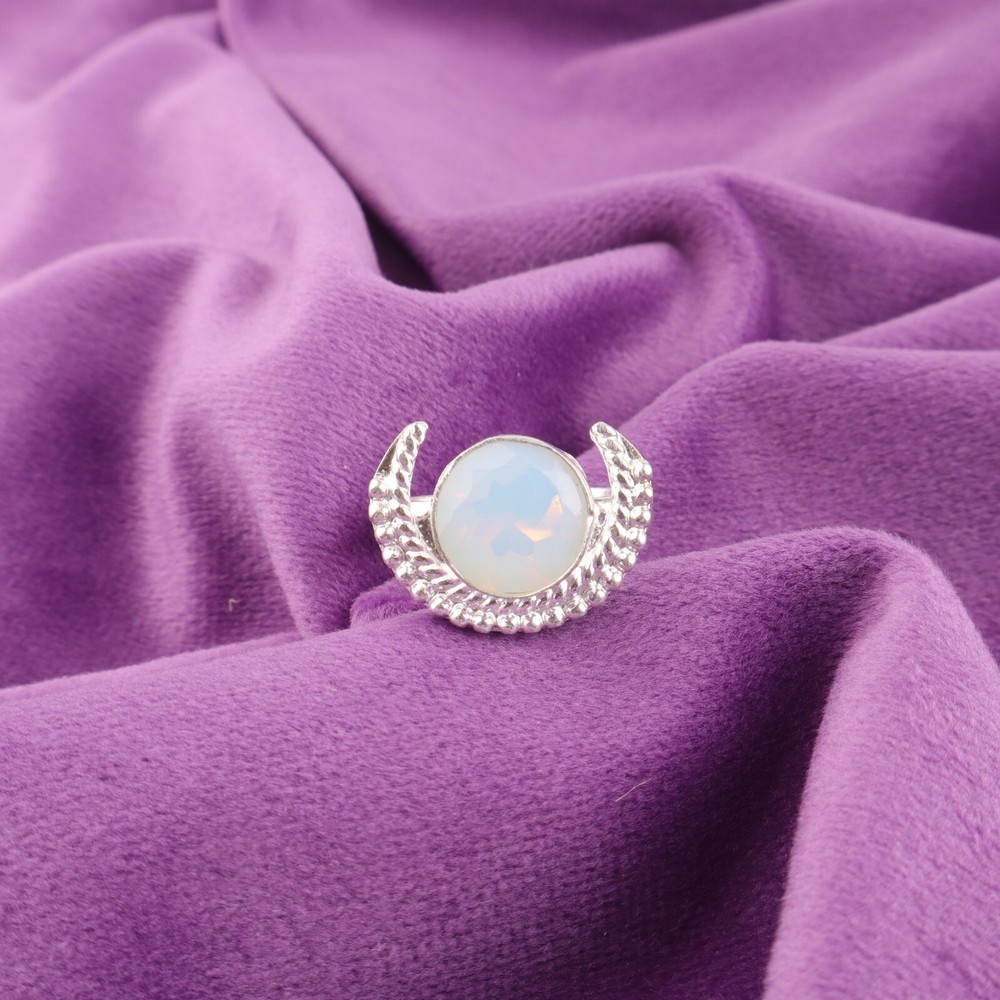 Valentines Deal Round Cut Milky Opal Stone Band New Ring 925 Silver US All Size