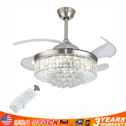 Modern Crystal Ceiling Fan with LED Light Remote Control Quiet Chandelier
