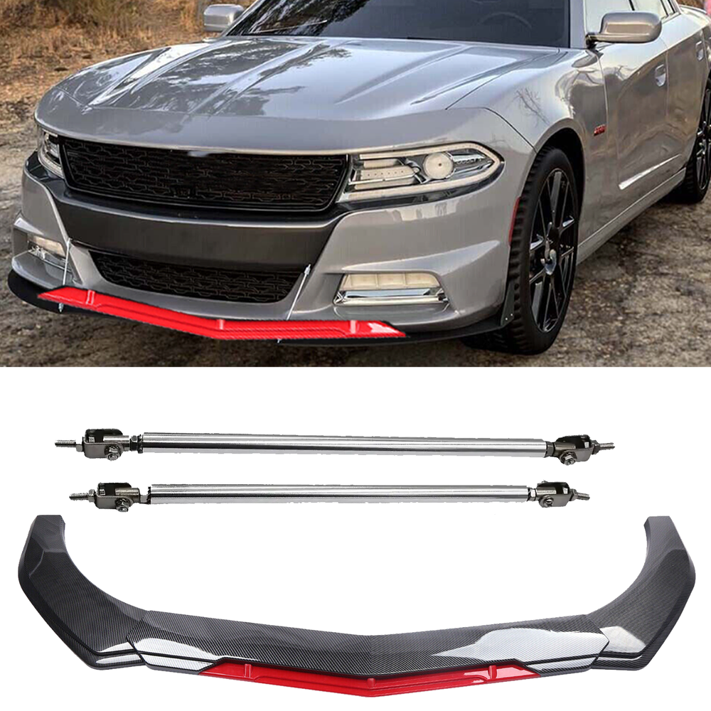Dodge Charger Front Bumper Lip Spoiler Splitter Strut Rod in Carbon Fiber