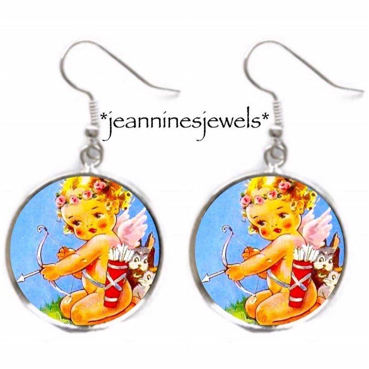 Vintage CUPID Earrings Retro Art Print Valentines Day Gift Silver Charm Dangle