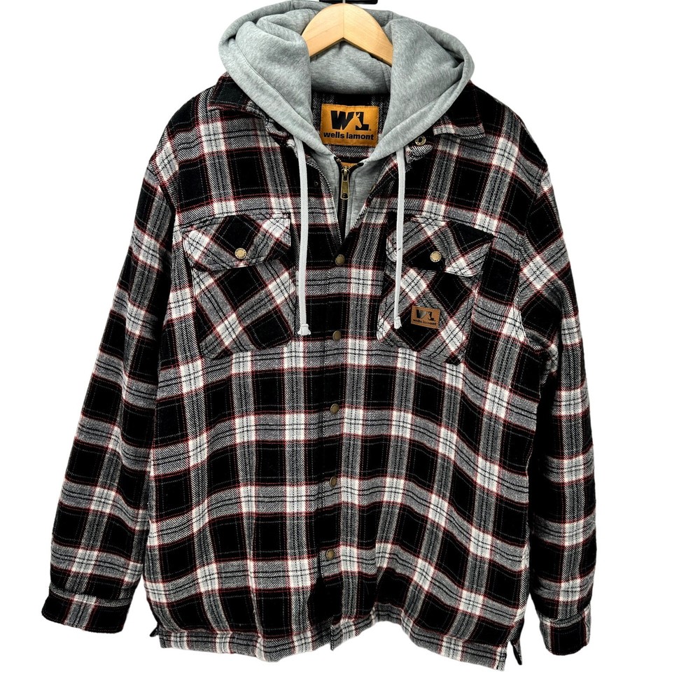 Wells Lamont Jacket Mens 2XL Flannel Hooded Zip Snap Up Quilted Lining Plaid
