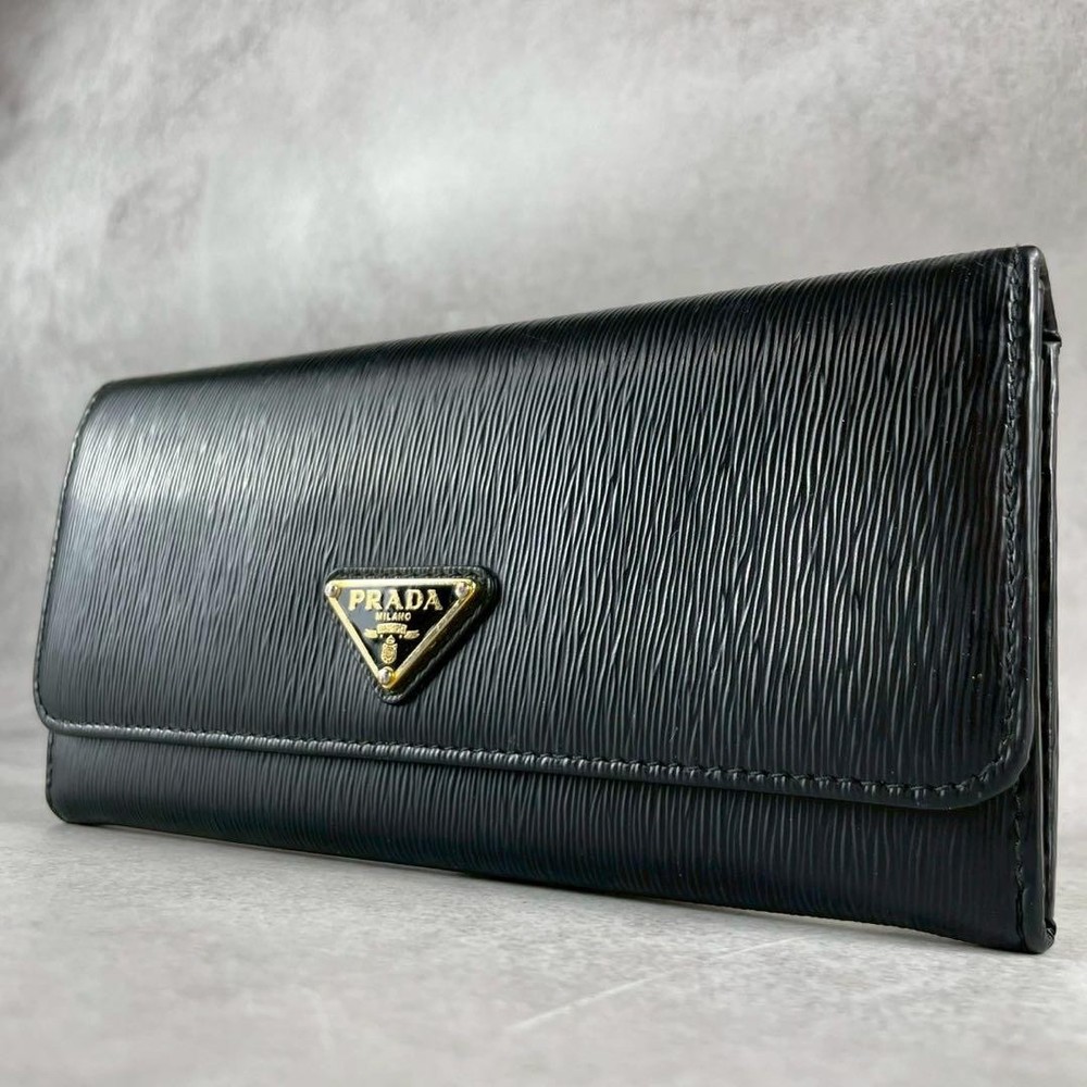 Prada Black Vittero Leather Long Wallet with Triangle Logo Pre-Owned