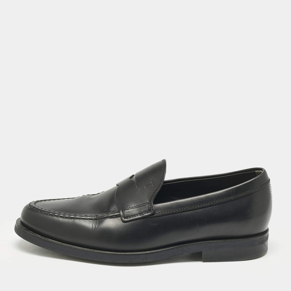 Tods Black Leather Penny Slip On Loafers Size 415