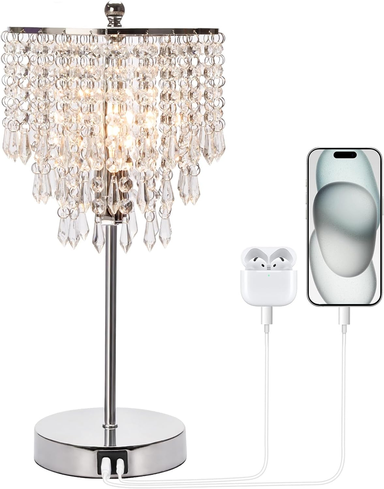Touch Control Crystal Table Lamp with USB-C/A Ports, 3-Way Dimmable Bed Light