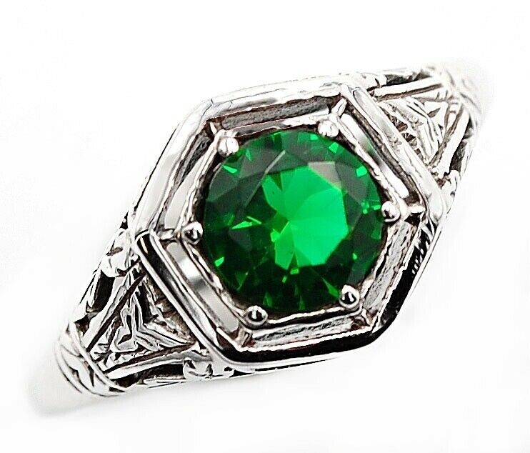1CT Treated Emerald Edwardian Style Ring in 925 Sterling Silver Size 8
