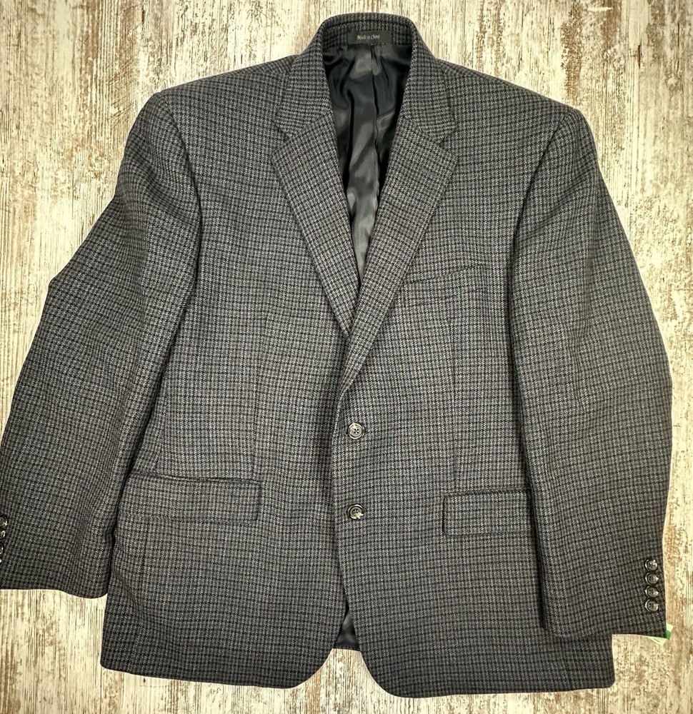 Men's 44S Charcoal Gray Houndstooth 100% Lambs Wool Blazer Jacket Excellent Used Condition  